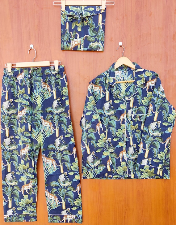 Animal Print Cotton Pajama Set Women Night Dress Green Color Light Ultra-Soft Night Dress Women Cotton Pants Shirt Set
