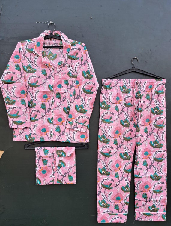 Cotton Pajama Set, Indian 100% Cotton long wear, Women's Pajama Set's, Floral Print Pajama Set's, Bridesmaid , Long pajama Set, Gift for Her