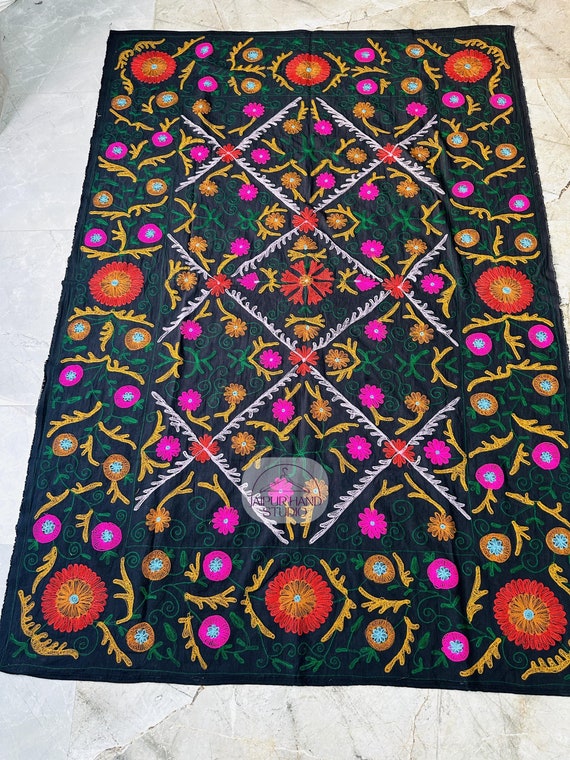 Multicolor floral Embroidery throws | Niddle work suzani bedsheet | Uzbek suzani wall hanging throws |unique suzani bedcover | Gift for her.
