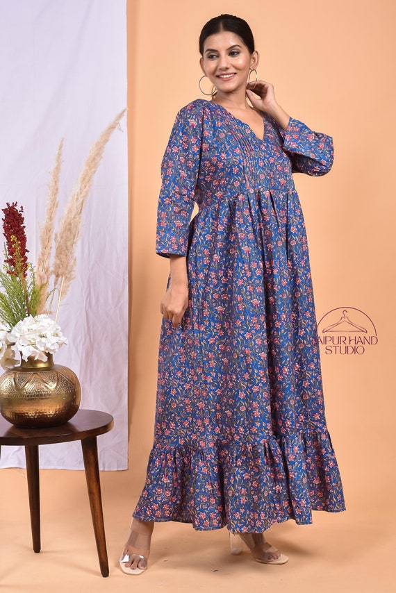Women summer wear long midi dress | Women party wear gown | Block print dresses | Long sleeve gown | Bridesmaid dress | Gift for Christmas.