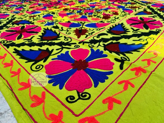 Beautiful green color suzani tapestry | Handmade Embroidery suzani bedspread | Wall hanging throws | Bridesmaid bedsheet | Gift for her.