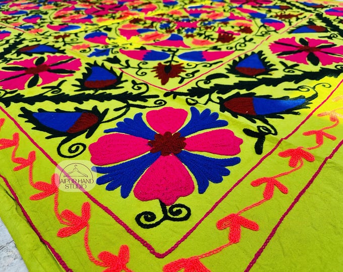 Beautiful green color suzani tapestry | Handmade Embroidery suzani bedspread | Wall hanging throws | Bridesmaid bedsheet | Gift for her.