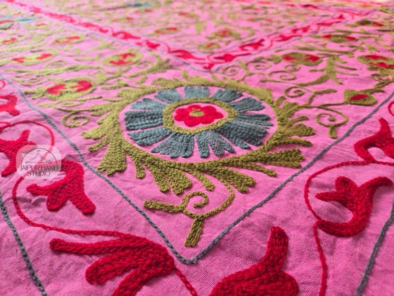 Pink color cotton suzani bedspread | Handmade suzani bedcovers | Suzani wall hanging throws 60x90 | Bridesmaid suzani | Gift for Christmas.