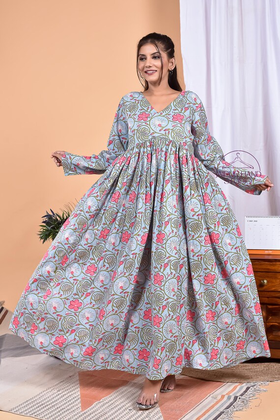 Cotton women wear long gown | Beautiful floral block print dress | Wedding and party wear dress | Bridesmaid dress | Gift for Christmas.