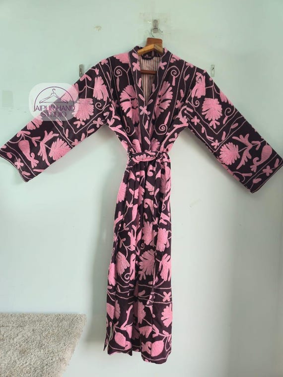 Pink color thread made floral Embroidery suzani coat | Wedding wear long jackets | Long sleeve robes | Bridesmaid kimono | Gift for her.