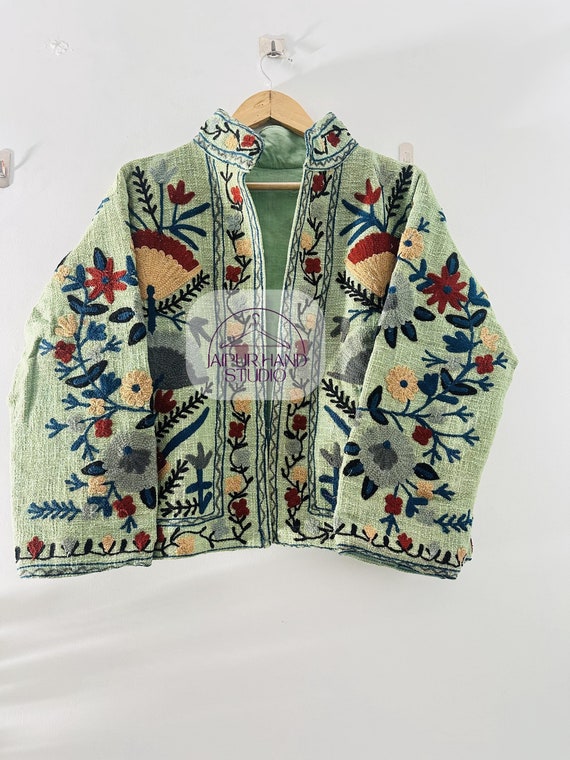 Suzani cotton farbic made coat | Embroidered women Short Jacket | Special Love Gift | Light green and multicolor floral design | Autumn Love