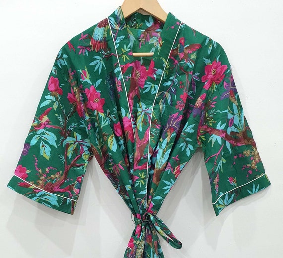 Pure Cotton Handprinted Kimono Knee Length House Robe Beach Coverup/Comfy Maternity Blue Aqua Pheasants Gardenia Exotic Birds Paradise