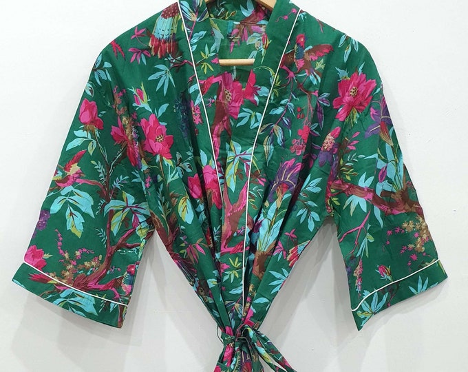 Pure Cotton Handprinted Kimono Knee Length House Robe Beach Coverup/Comfy Maternity Blue Aqua Pheasants Gardenia Exotic Birds Paradise