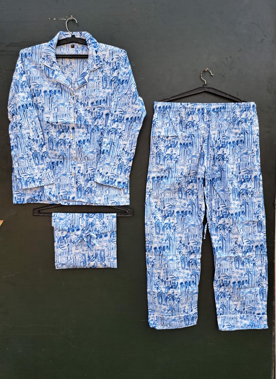 Womens Pure Cotton Block Print Pyjamas Blue Floral Pyjama's Indian Print 100% Cotton Loungewear Set Unique Gift Wrapped Pyjamas