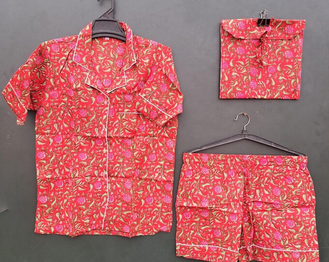 Womens Pajamas Pj set, Short Sleeve Pj Set Cotton sleepwear, Block Printed Pj Set, Summer pajamas set, Cotton nightwear set, Christmas Gift.