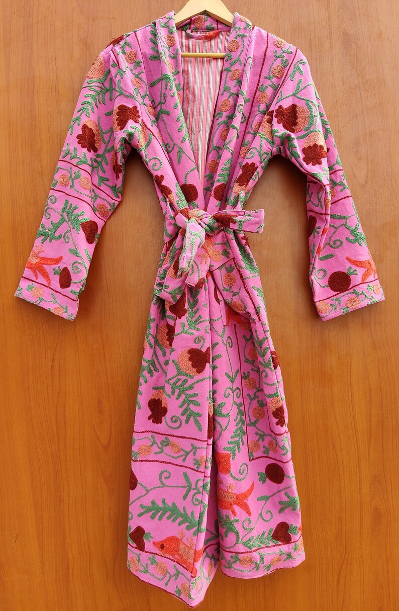 Suzani Work Kimono, Hand Embroidered Suzani Work Kimono, Hand Embroidered Robe, Cotton Kimono Jacket, Tie Belt Coat, Bath Robe Dressing Gown image 2