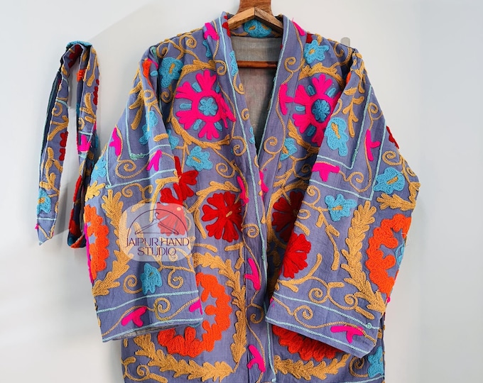 Uzbek Suzani Embroidered Short Kimono Robe | Suzani Short Jacket | Boho fashion Suzani Short coat | Winter Wear jacket | Gift for Christmas.