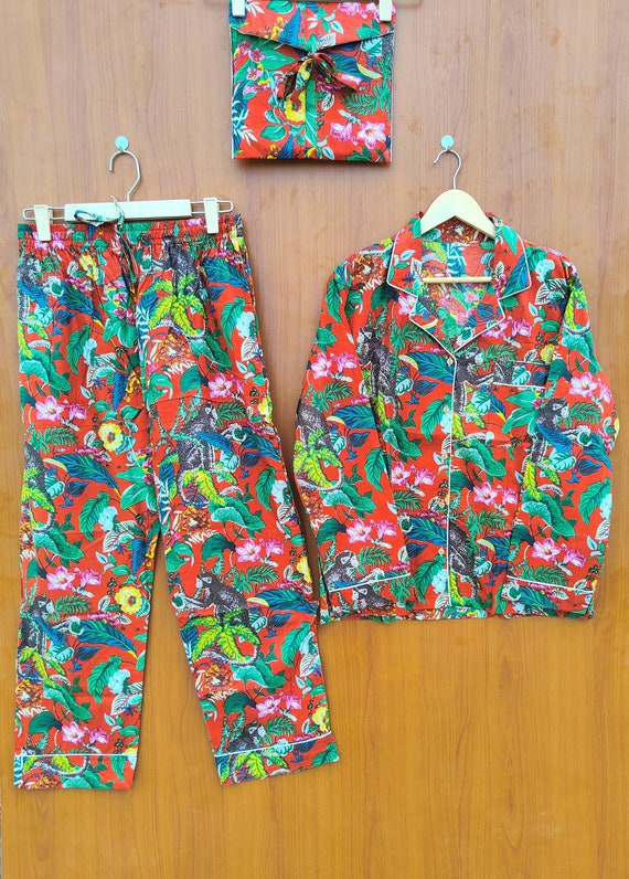 Indian Block Printed Cotton Pyjama Set - Women Cotton Pajama - Loungewear - Hand Block Print - Pj sets - Gifts for Her - Night Suit with Bag