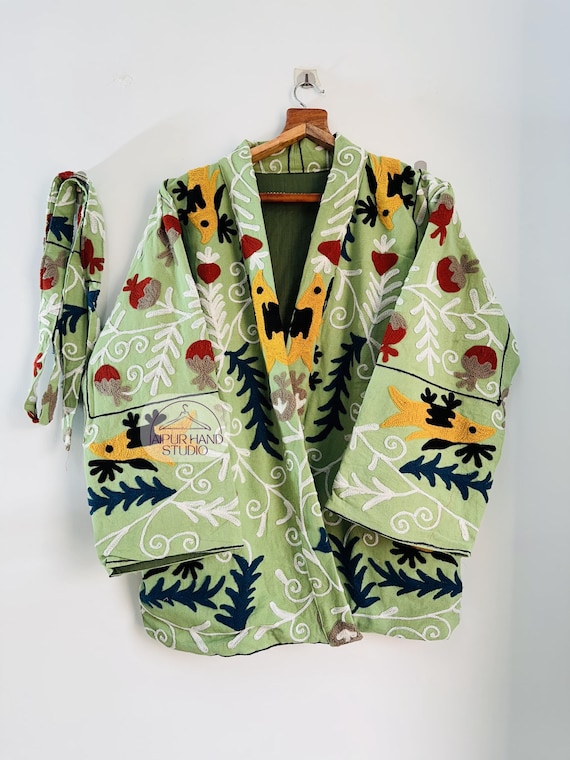 Handmade Suzani Embroidery Jacket | Winter Wear Jacket Coat | Womens Suzani Short Jacket | TNT Fabric Suzani kimono Robe | Gift For Her.
