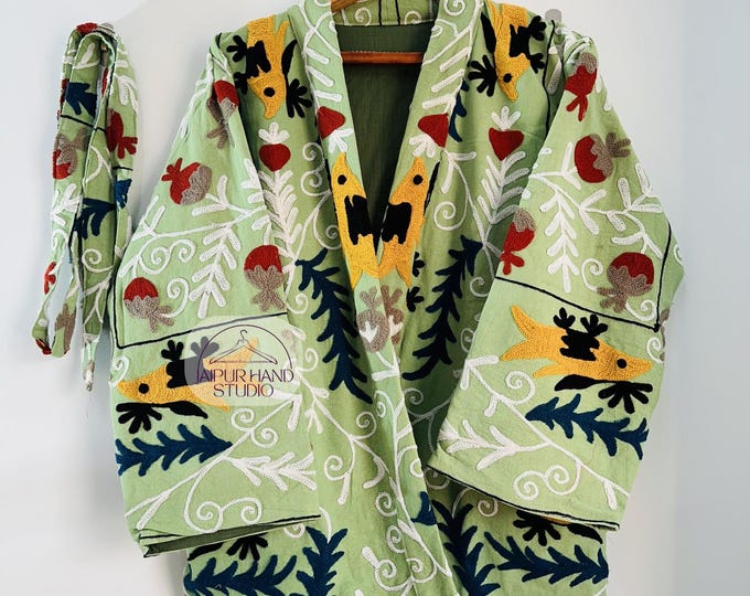 Handmade Suzani Embroidery Jacket | Winter Wear Jacket Coat | Womens Suzani Short Jacket | TNT Fabric Suzani kimono Robe | Gift For Her.