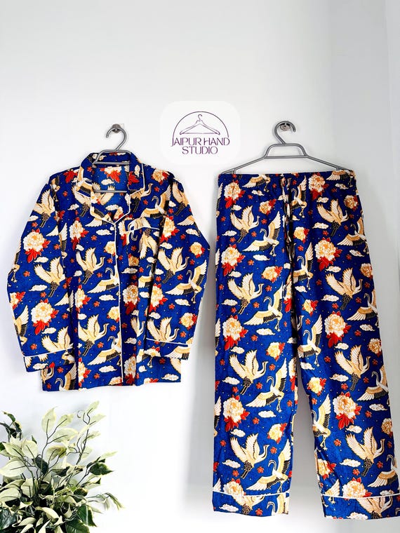 Indian Cotton Block Print Pajama, Night Wear Bridesmaid Pajama Set, Women Night Wear Set Cotton Pant And Shirt Set Bird Block Print
