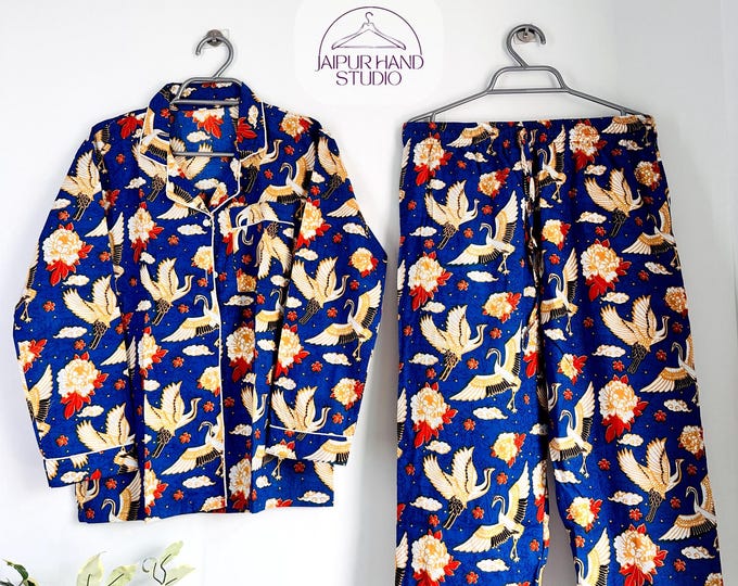 Indian Cotton Block Print Pajama, Night Wear Bridesmaid Pajama Set, Women Night Wear Set Cotton  Pant And Shirt Set Bird Block Print