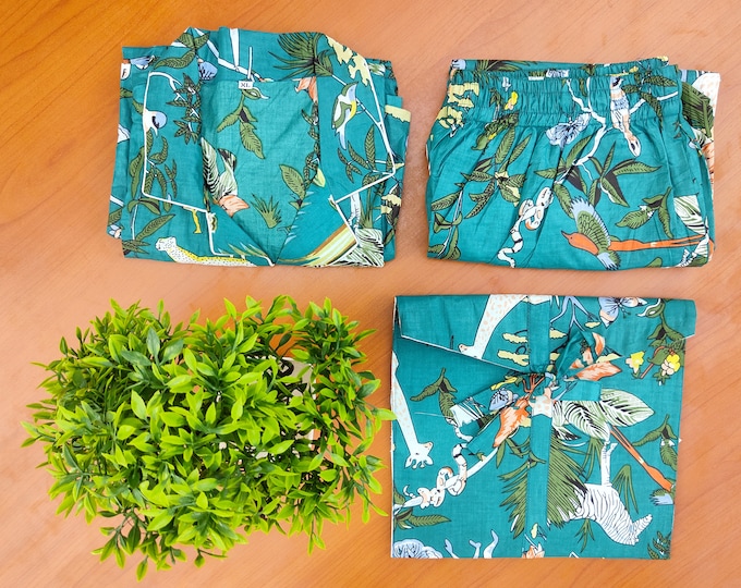 Indian 100% pure cotton pyjamas, Womens pure cotton pj's, soft cotton pyjama Set trousers shirts, Jungle printed cotton pyjama set