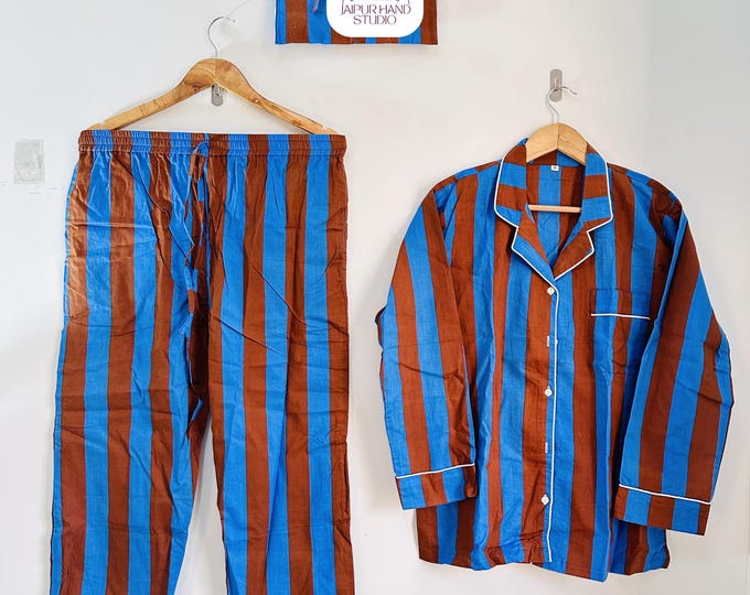 Blue and brown striped print cotton sleepwear PJ | Women wear night suit | Handmade cotton pajamas with short | Bridesmaid pajamas.