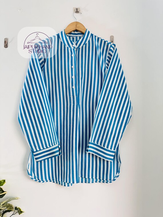 Blue color striped block print fabric made kurta | women summer wear | beach wear suit | long sleeve kurta | night wear set | Gift for her.