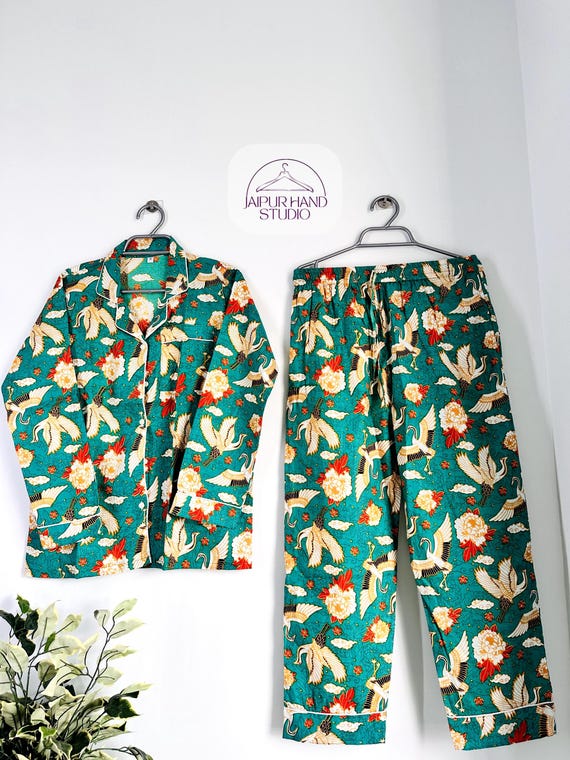 Bird Print Bridesmaid Pajamas set Pjs sets,Lounge and sleepwear set,Summer Cotton Hand Block Printed,Bridal party Pajama set,Bidesmaid Gift