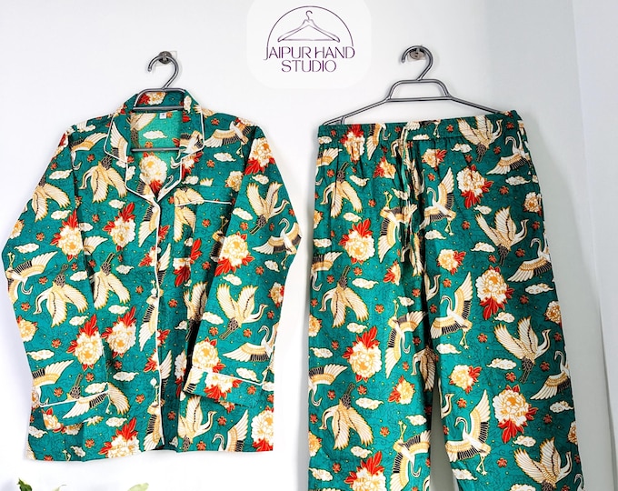 Bird Print Bridesmaid Pajamas set Pjs sets,Lounge and sleepwear set,Summer Cotton Hand Block Printed,Bridal party Pajama set,Bidesmaid Gift