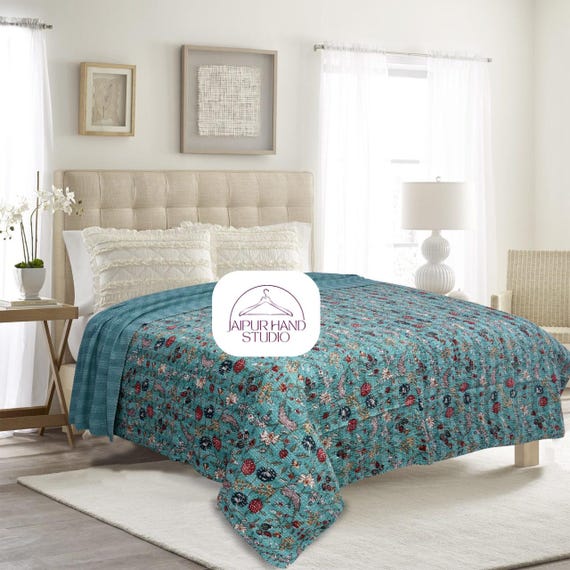 Beautiful luxuries floral print bedsheet | Unique color kantha bedspread | Cotton kantha tapestry | Kantha table cover | Gift for Christmas