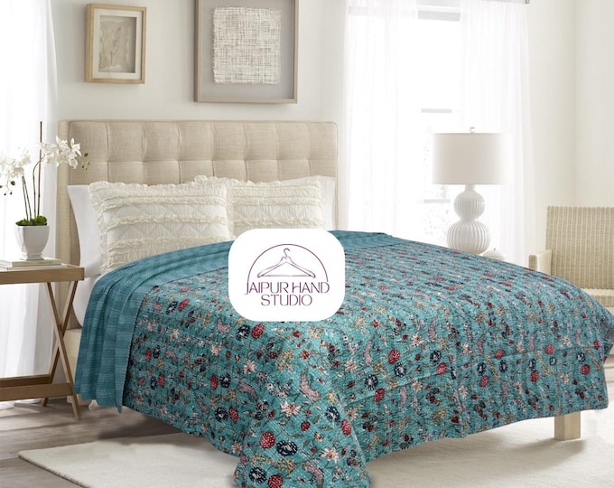 Beautiful luxuries floral print bedsheet | Unique color kantha bedspread | Cotton kantha tapestry | Kantha table cover | Gift for Christmas