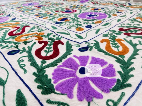 Handmade suzani soft blankets| Multicolor floral Embroidery bedspread | suzani king size tapestry | Suzani table and bedcover | Gift for her