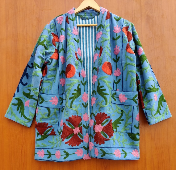 Suzani coat, Womens Suzani jacket, Indian Cotton embroidery jacket, Handmade embroidery coat, Suzani kimono robe, Cotton quilted Boho jacket