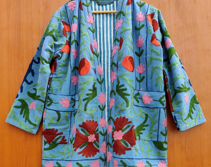 Suzani coat, Womens Suzani jacket, Indian Cotton embroidery jacket, Handmade embroidery coat, Suzani kimono robe, Cotton quilted Boho jacket