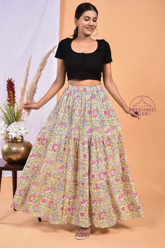 Yellow color block print summer wear skirts | Women wear sari wrap | Party wear skirts | Night wear maxi | Bridesmaid skirts | Gift for her.