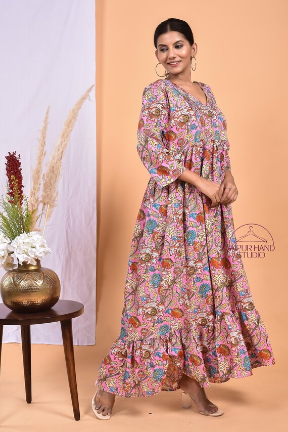 Pink color cotton gown| Scoop neckline party wear dress | Cotton long midi dress | Long sleeve dress | Bridesmaid dress | Gift for Christmas