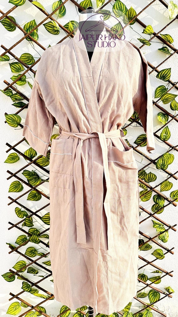 Luxurious Waffle Weave Bathrobe, Natural Cotton Thick Robe, Elegant Pockets Dressing Gown, Soft Unisex Evening Gown, Ideal Bridesmaid Gift