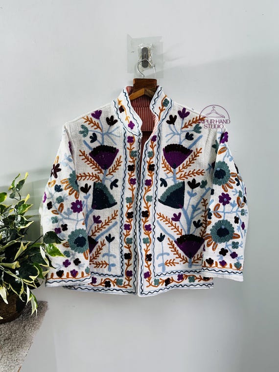 Multicolor floral Embroidery suzani jacket | Handmade party wear TNT jacket | Long sleeve jacket | Bridesmaid jacket | Gift for her.