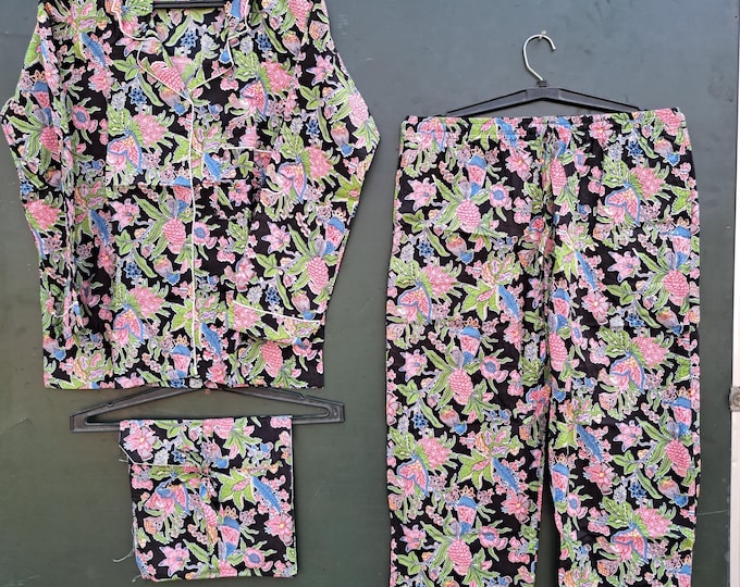 Indian 100%pure cotton pyjamas, Womens pure cotton pj's, soft cotton pyjama Set trousers shirts Floral printed cotton pyjama set.