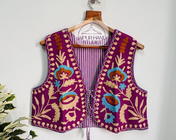 Indian handmade Embroidery women vests| women wear suzani sleeve less jacket | Beautiful floral Embroidery short jacket | Gift for Christmas