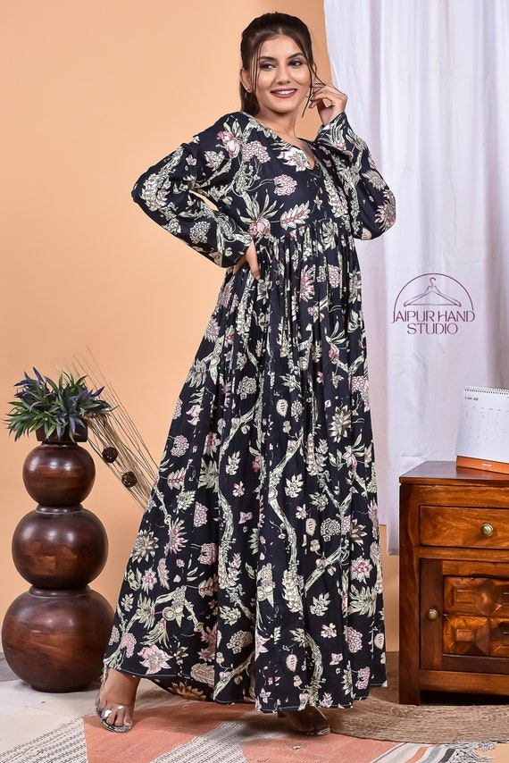 Women wear special soft cotton dress | Women summer wear long midi dress | Beautiful black color with floral print dress| Gift for Christmas