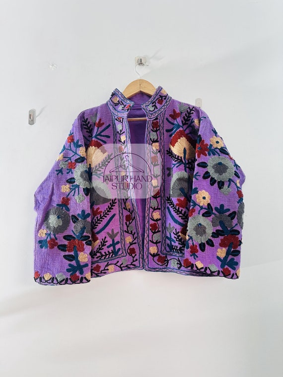 Handmade Cotton purple Suzani coat | Hand Embroidery Jacket | Women Wear Winter Jackets | suzani short jacket | handmade coat | Gift for her