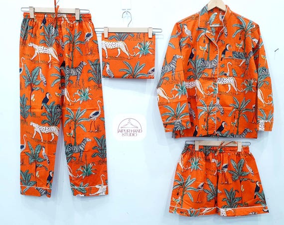 Jungle print cotton pajama set | women wear pajamas | Handmade night suit | Women sleepwear | Bridesmaid pajamas | Gift for her.