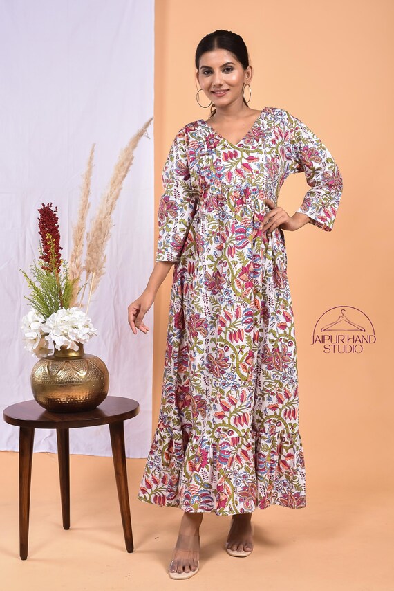 Lightweight cotton dress | Summer wear long midi | Block print party wear gown | Long sleeve dress | Bridesmaid dress | Gift for Christmas.