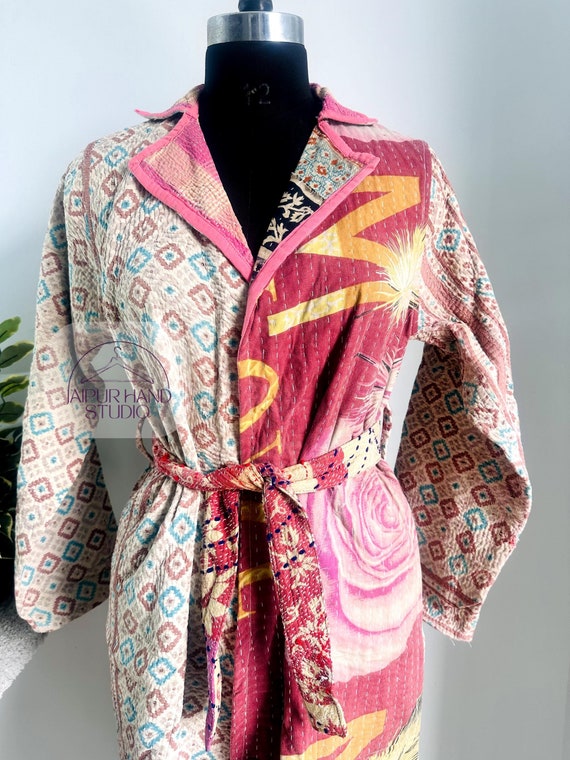Red and white color Assorted jacket, women's wear coat, vintage kantha kimono bath robe, hand made stitches, Indian design kantha long coat.
