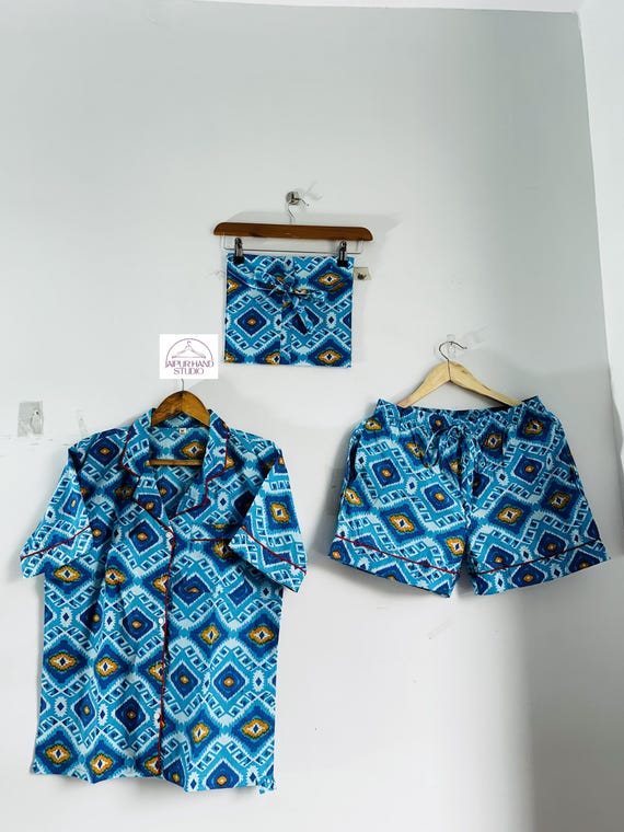 Blue color ikat print cotton pajama| Beautiful short PJ set | women wear night suit | Summer wear short pajamas| short PJ set | Gift for her