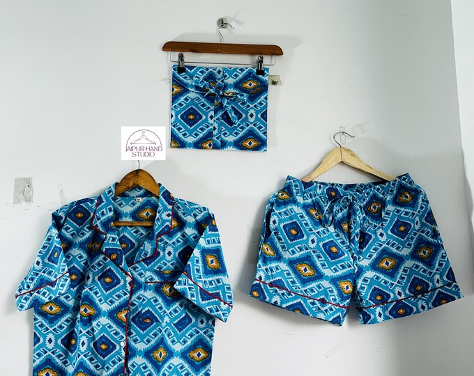 Blue color ikat print cotton pajama| Beautiful short PJ set | women wear night suit | Summer wear short pajamas| short PJ set | Gift for her
