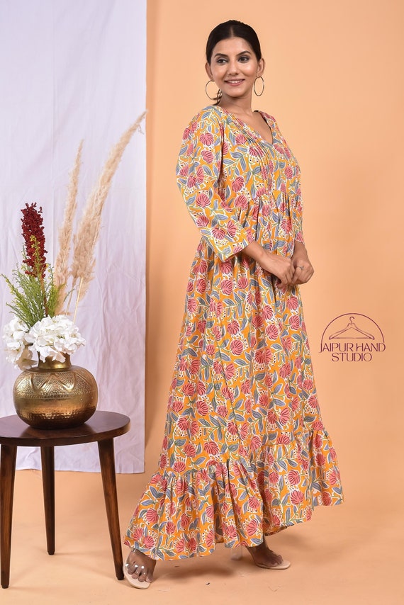 Handmade cotton long midi dresses | Block print dresses | Long sleeve summer wear dress | Bridesmaid dress | Gift for Christmas.
