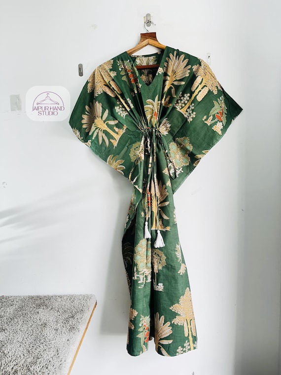 Green color cotton long maxi | Floral block print kaftan | Sleeve less kaftan | Party wear kaftan | Bridesmaid kaftan | Gift for her.