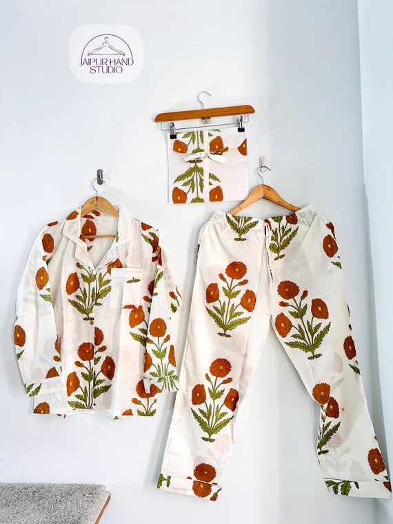 Indian Hand Block Print Cotton Pj Set| Mughal Floral Printed Pajama Set| Bridesmaid Pajama Set| sleepwear| Bridesmaid Proposal | Night Suit.