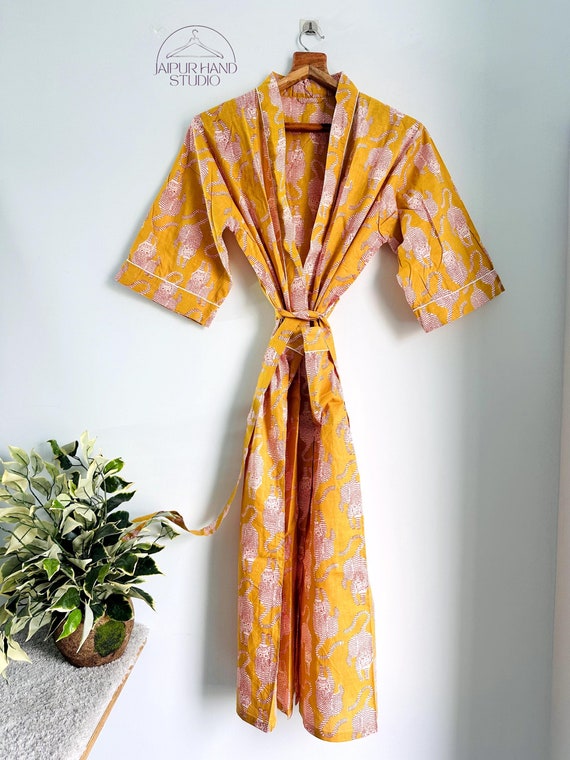 Pure Cotton Handprinted Kimono Knee Length House Robe Beach Coverup/Comfy Maternity Blue Aqua Pheasants Gardenia Exotic Birds Paradise