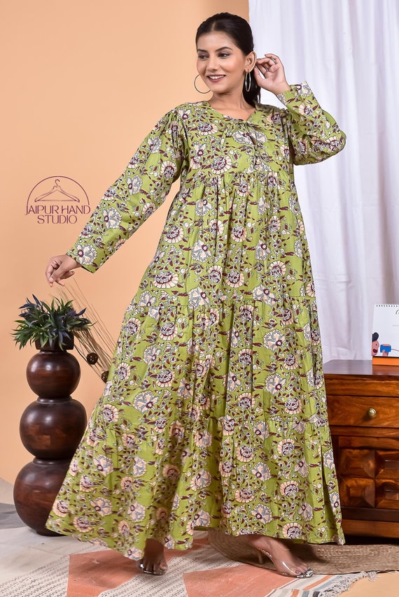 Green color women long dress | Women wedding wear midi dress | Party wear cotton gown | Block print bridesmaid dress | Gift for Christmas.