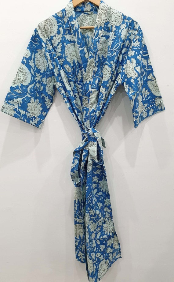 Indian Handmade Kimono Robe, Floral Block Print Long Dress, Women Sleepwear Comfort Dress, Women Long Top Bathrobe, Soft Cotton Print Dress